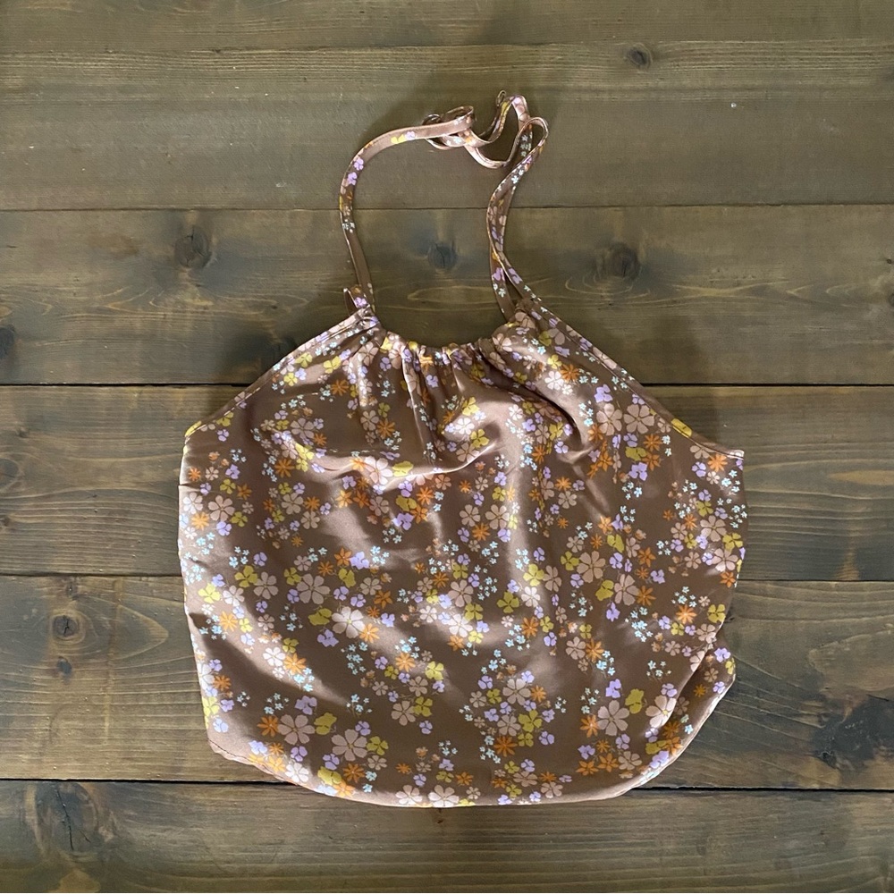 Pink Rose Floral Brown Cropped Halter Top